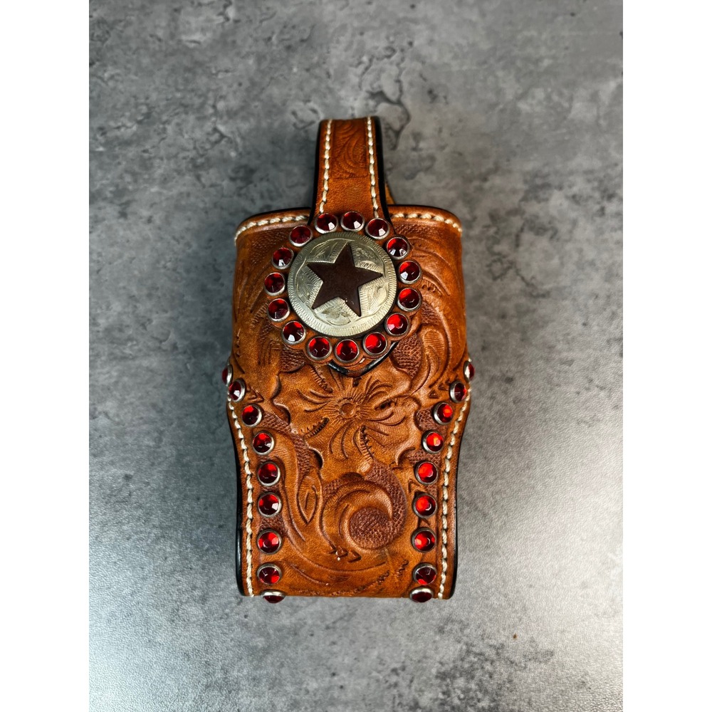 Cowboy Decor Tooled Leather Cell Phone/ Knife Holster Star Concho Red Rhinestone